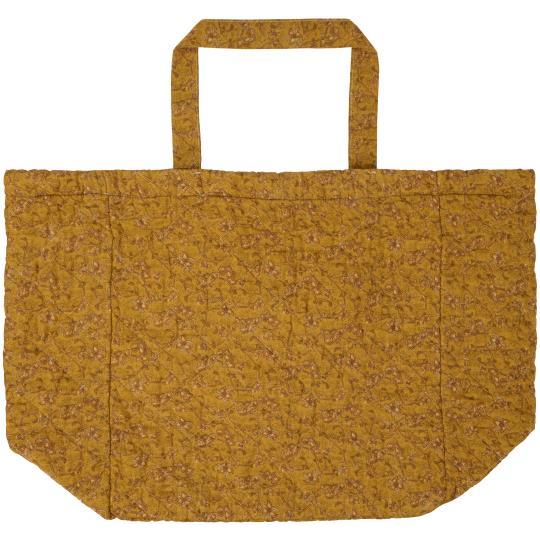 Bag quilted mustard w/green, grey and brown flower vines