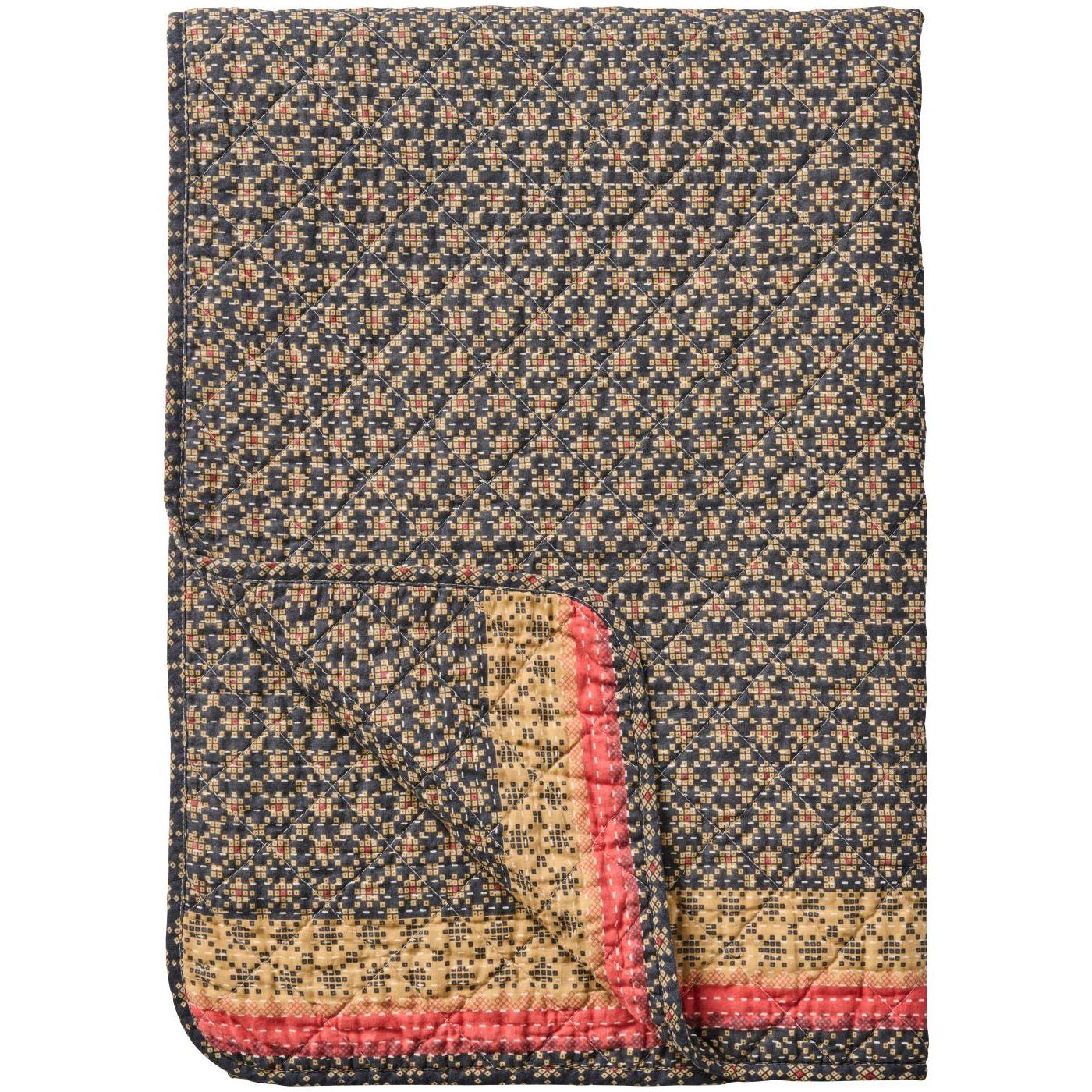 Quilt dark blue w/light pink and natural coloured pattern, borders lengthwise