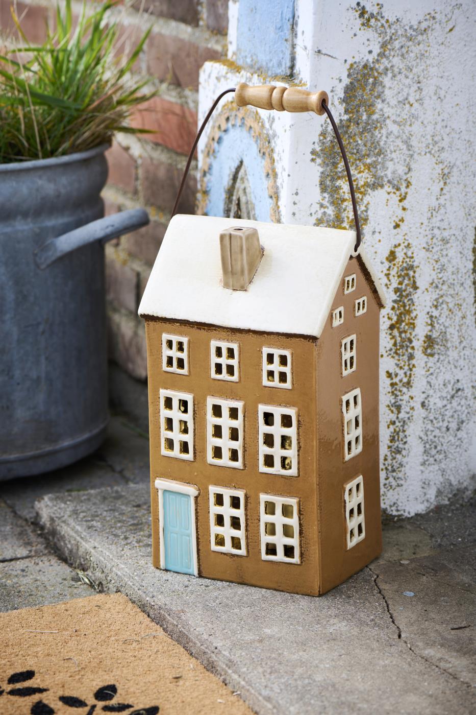 House f/pillar candle Nyhavn w/wooden handle turquoise door