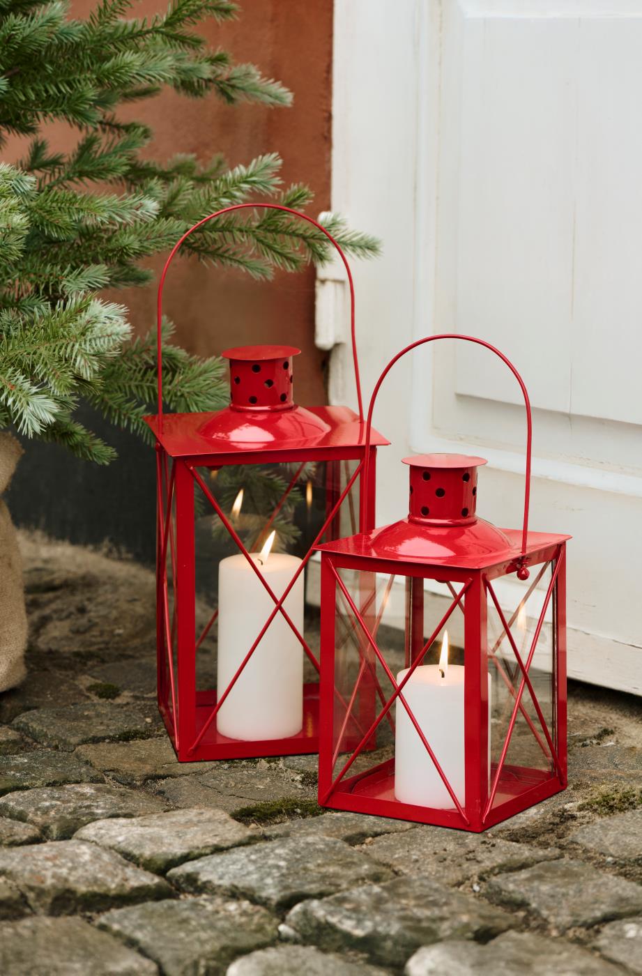 Lantern large red square w/cross over glass