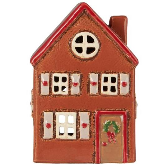 House f/tealight Stillenat red roof wreath on door