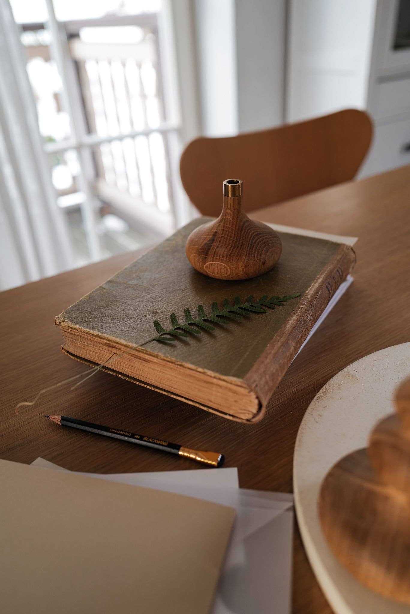 Oak Candle Holder: Aged Brass Socket