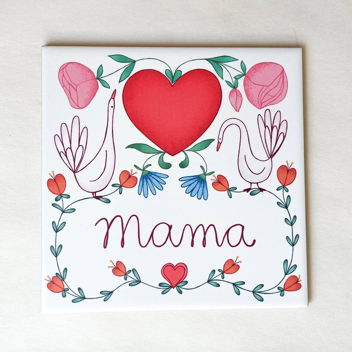 Tile mom with goslings, hearts, and flowers: Tile with hanging eye