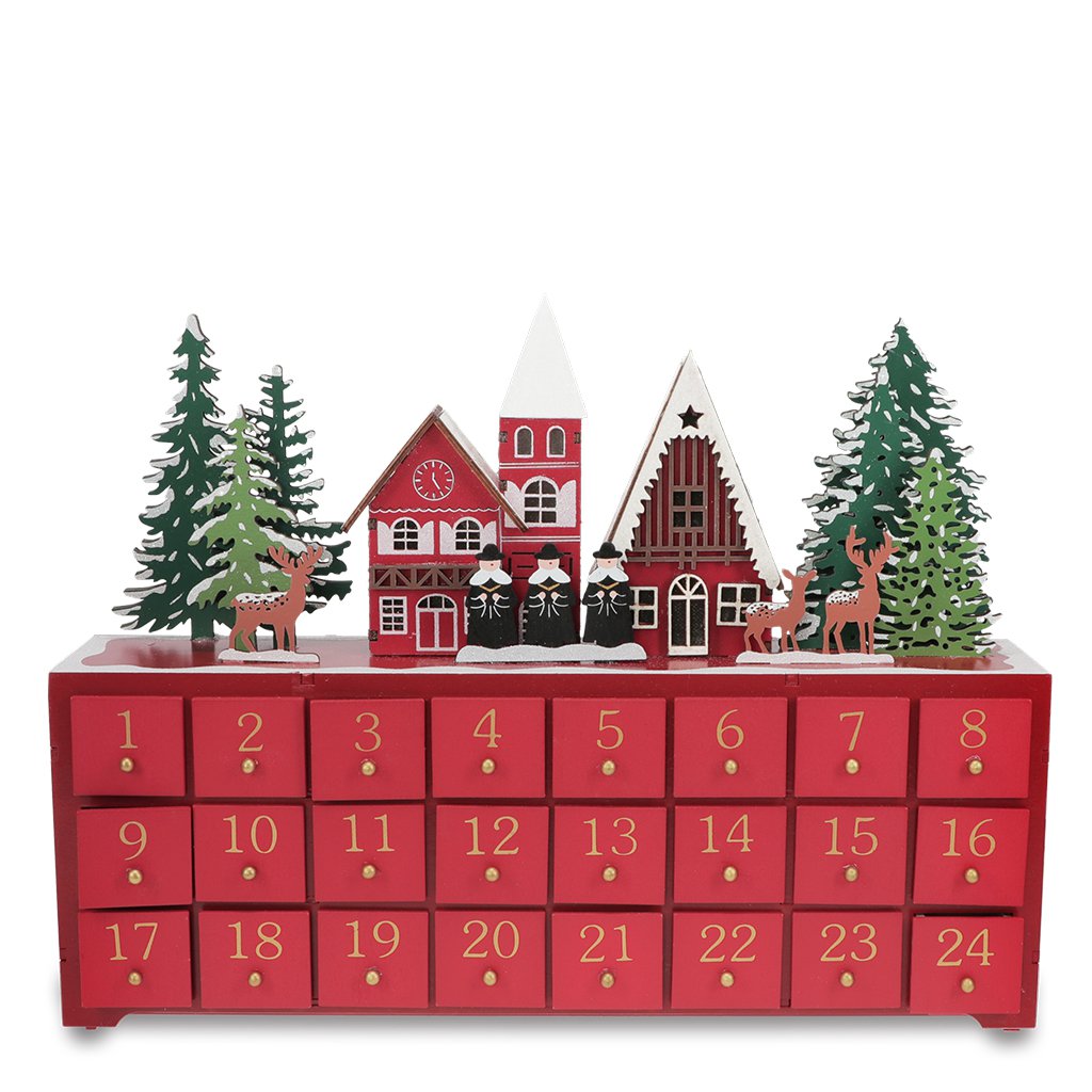 Houten adventkalender met LED -verlichting - Carol Singers (rood)