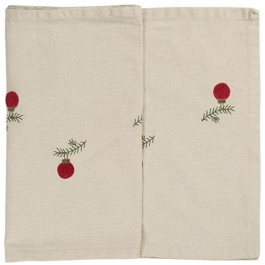 Table runner Tradition w/Christmas ornaments on spruce twigs linen coloured