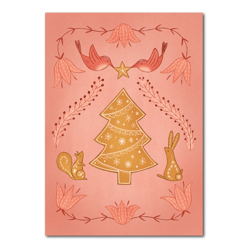 Pink Christmas card with gingerbread Christmas tree