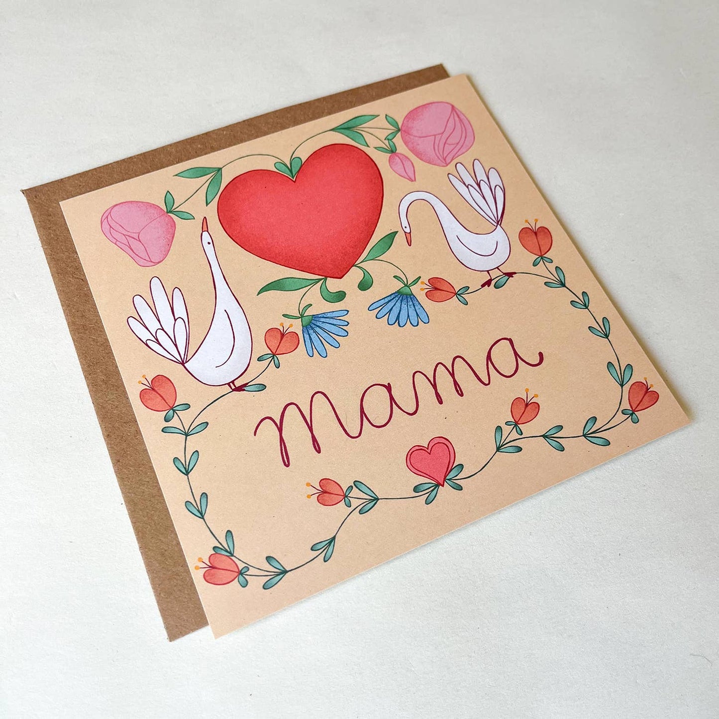 Mama card with little geese, hearts, and flowers