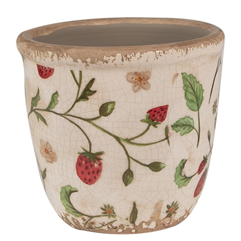 Bloempot Ø 11x10 cm Beige Rood Keramiek Aardbeien