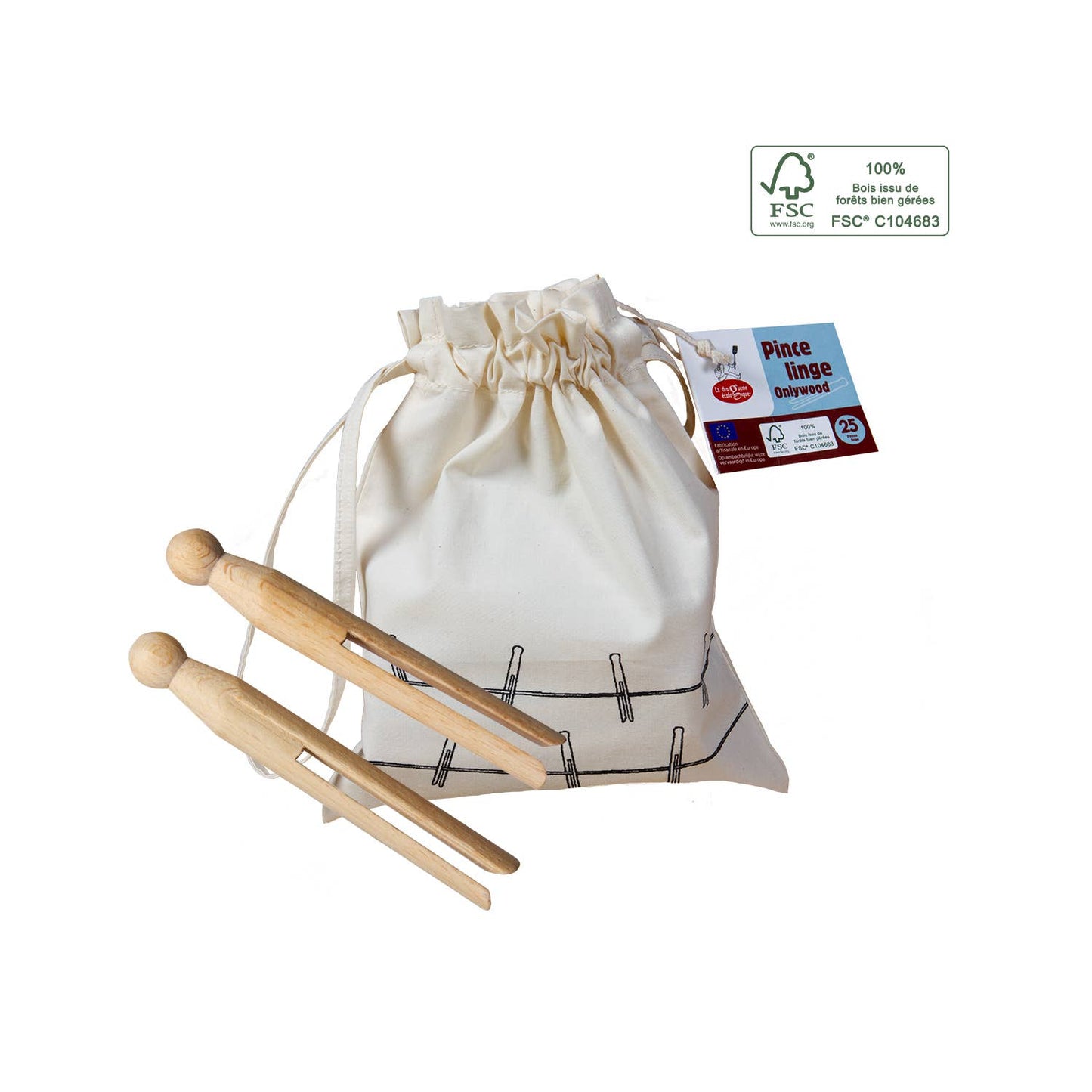 25 Eco-Friendly Springless Wooden Clothespins with Bag - La Droguerie