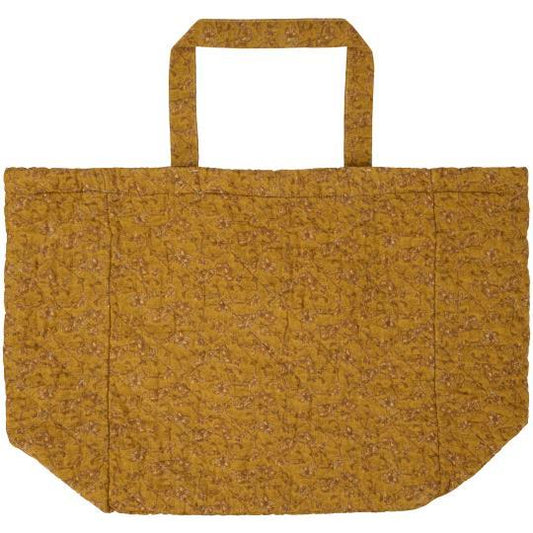 Bag quilted mustard w/green, grey and brown flower vines