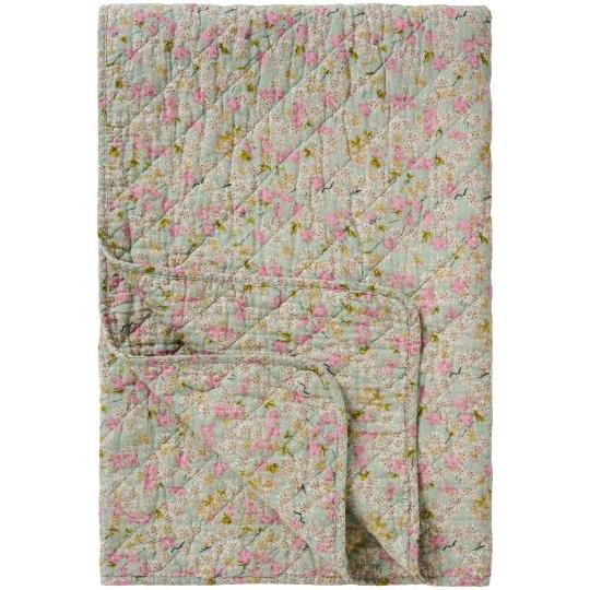 Quilt dusty blue w/light pink, green and grey flowers