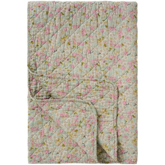Quilt dusty blue w/light pink, green and grey flowers