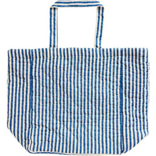 Bag quilted w/off white and blue stripes