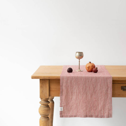 Red Natural Stripes Linen Tafelloper | 40x150 cm