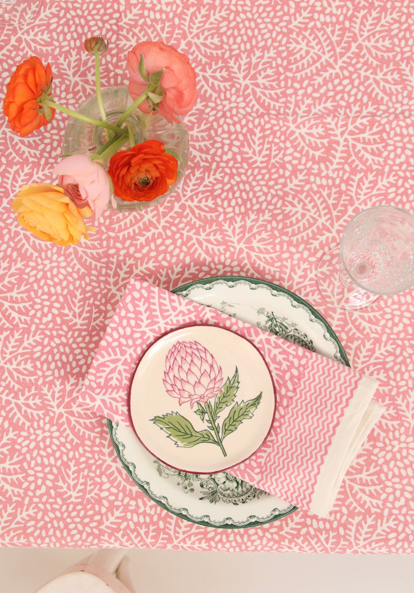 Handblockprinted tablecloth square Floral Coral 150 x 150 cm