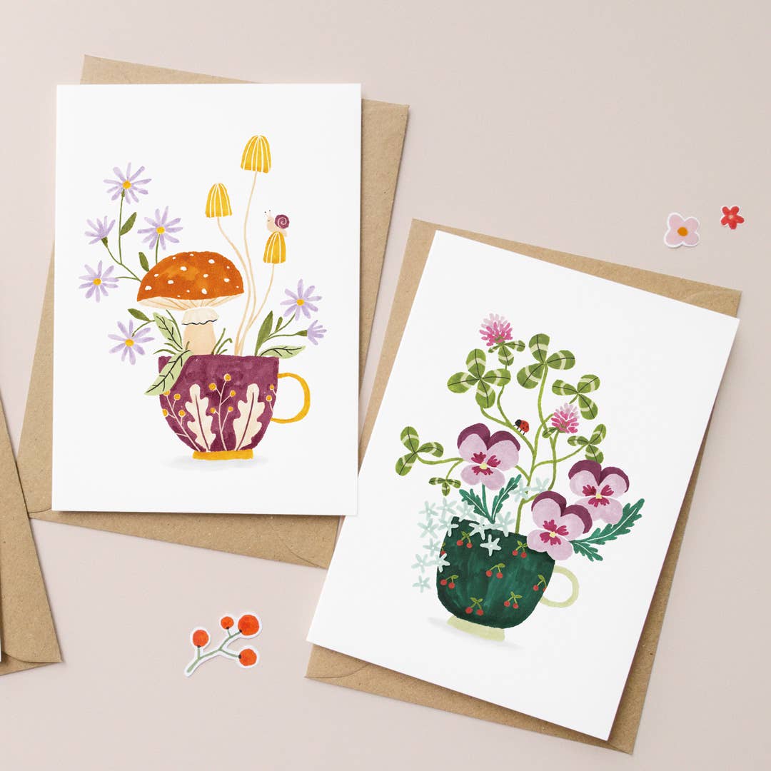 Greeting card Cup of Pansies