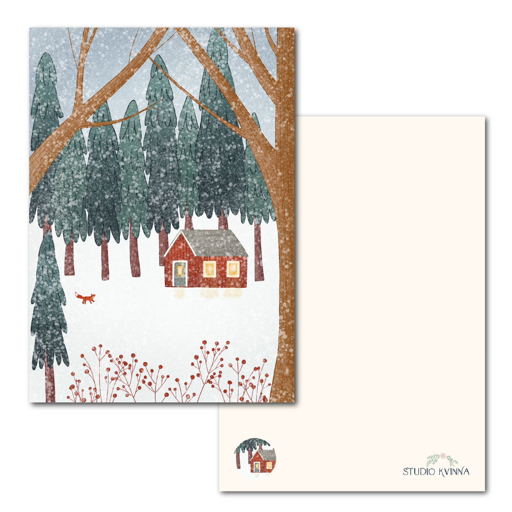 Woodland cottage with a little fox | Postcard
