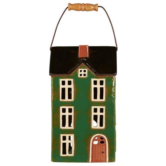House f/pillar candle Nyhavn w/wooden handle brown