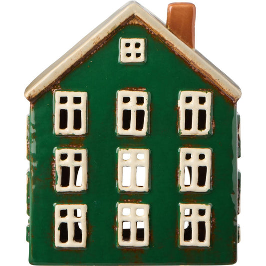 House f/tealight Nyhavn green w/yellow door on side