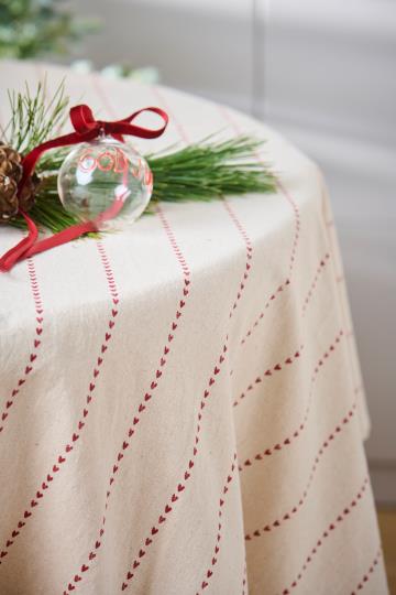 Table cloth Valentina oblong natural w/red hearts in rows
