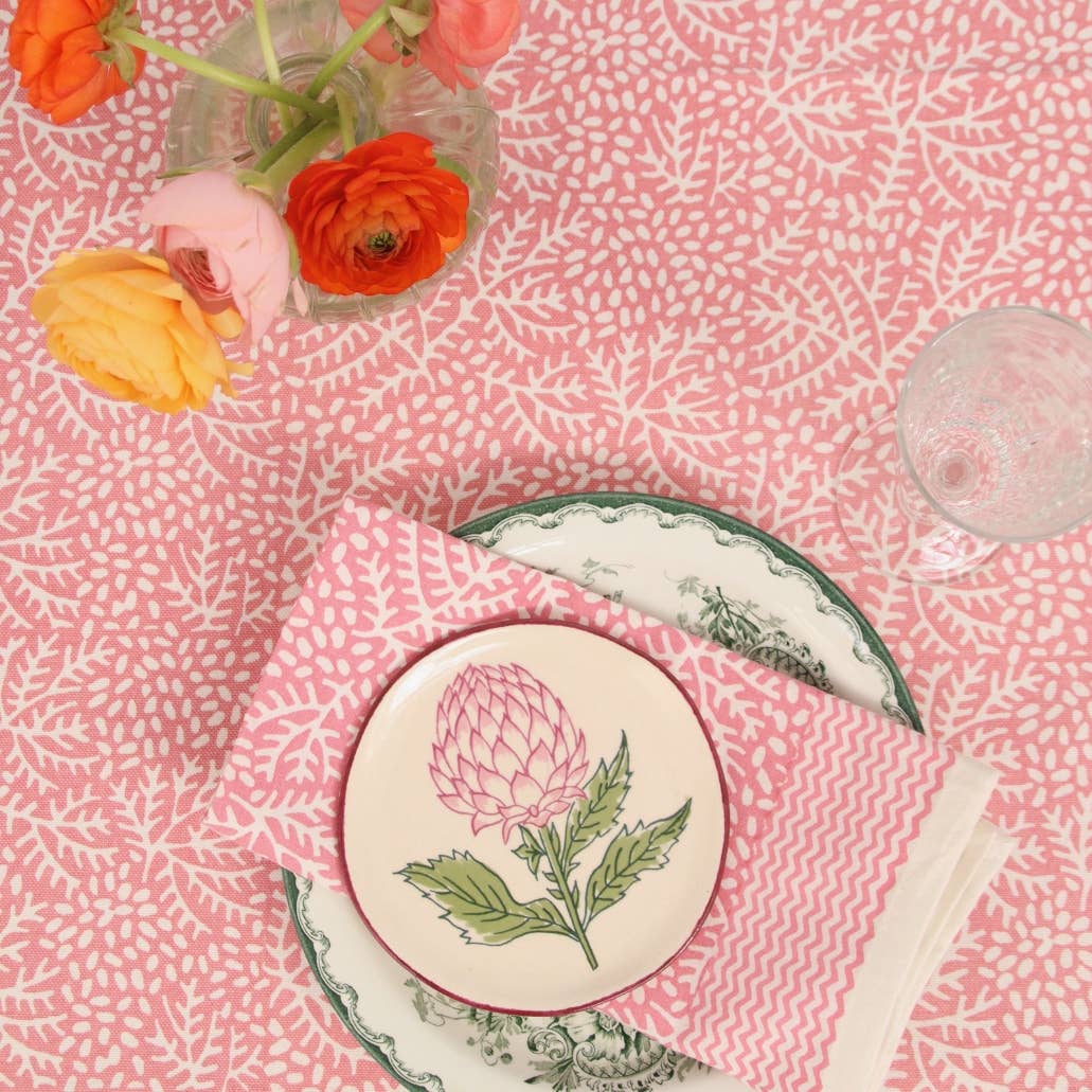 Handblockprinted tablecloth Floral Coral 160 x 270