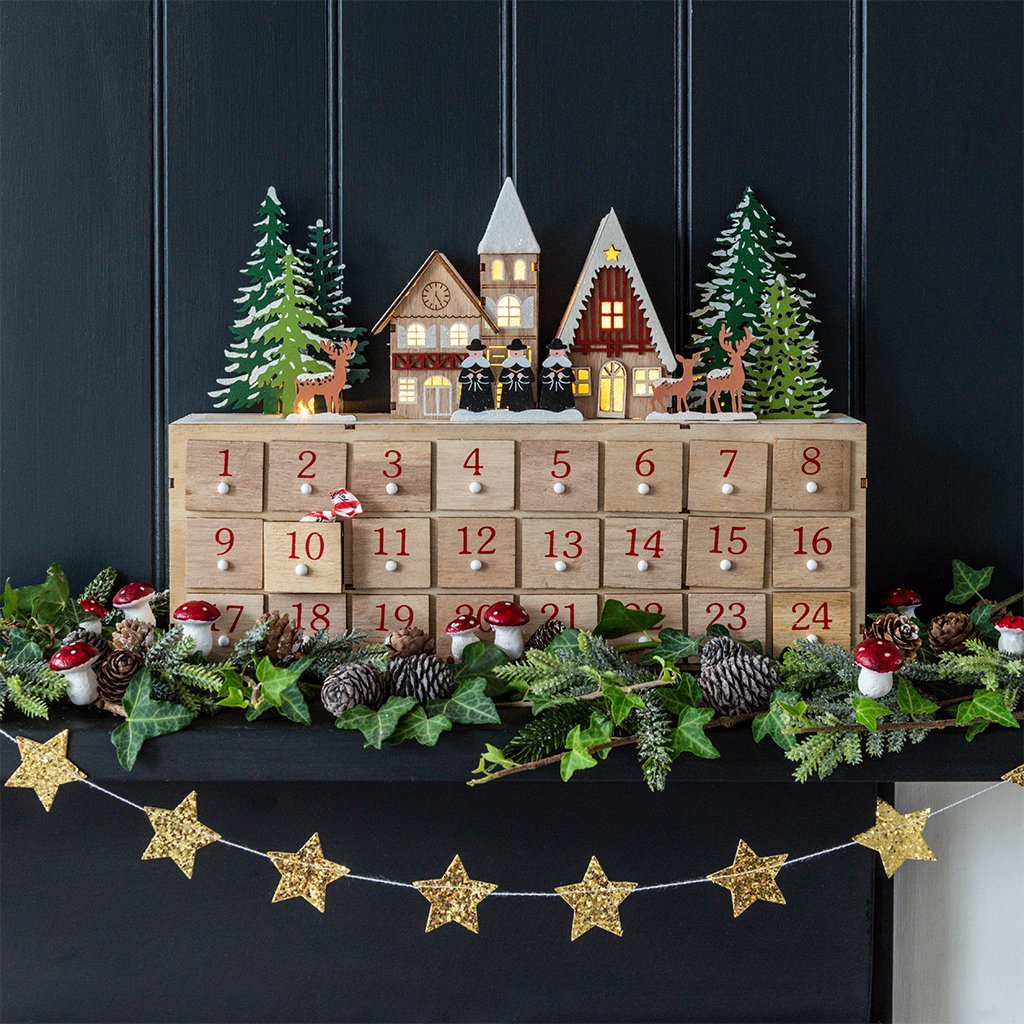 Houten adventskalender met LED-verlichting - Carolzangers