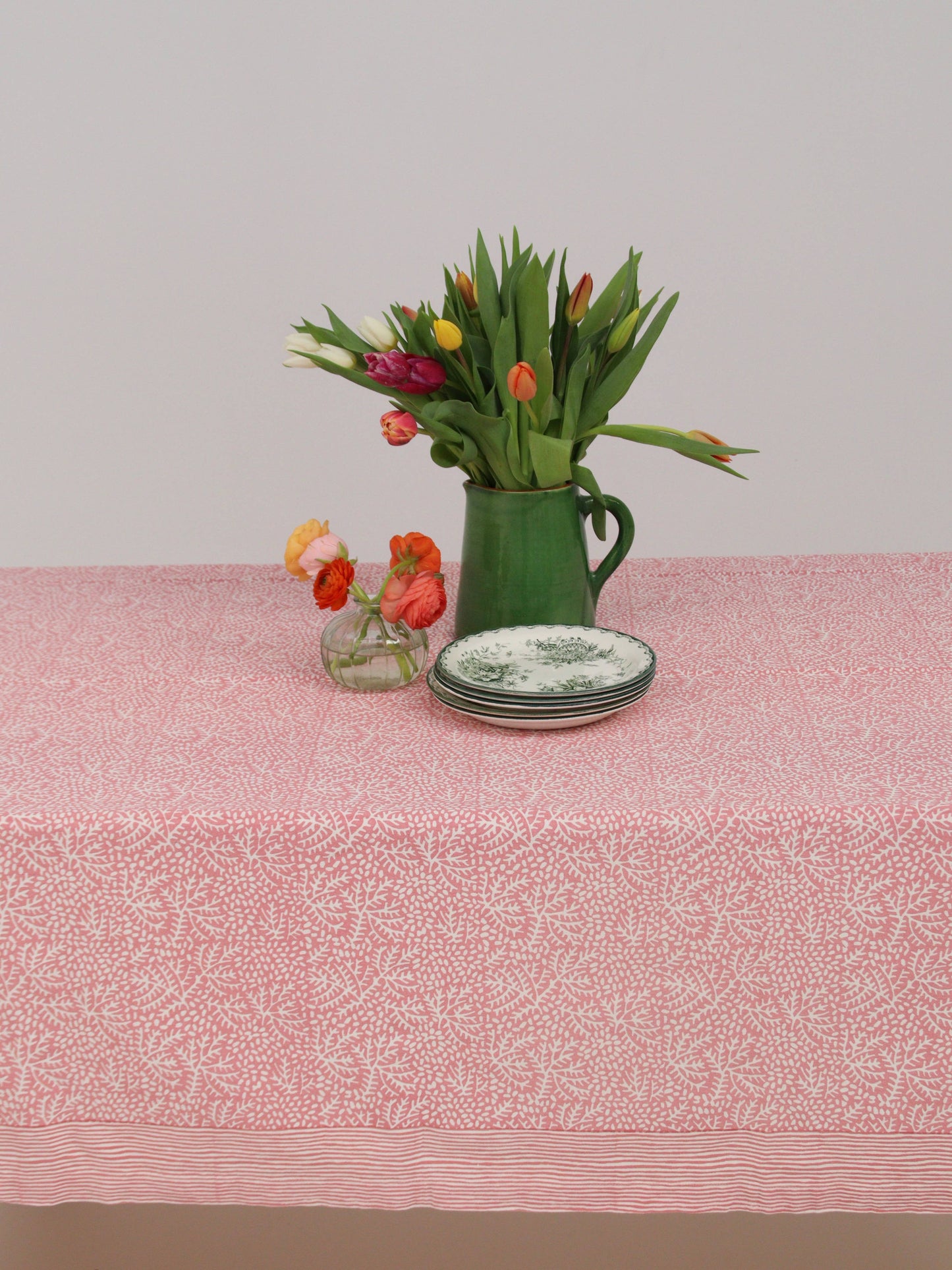 Handblockprinted tablecloth square Floral Coral 150 x 150 cm