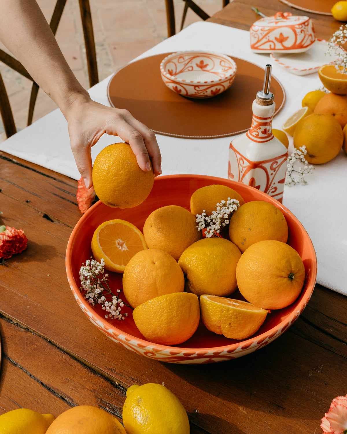 Large Ceramic Bowl - Salad Bowl - Orange & Beige - Azahara
