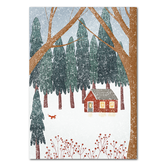 Woodland cottage with a little fox | Postcard