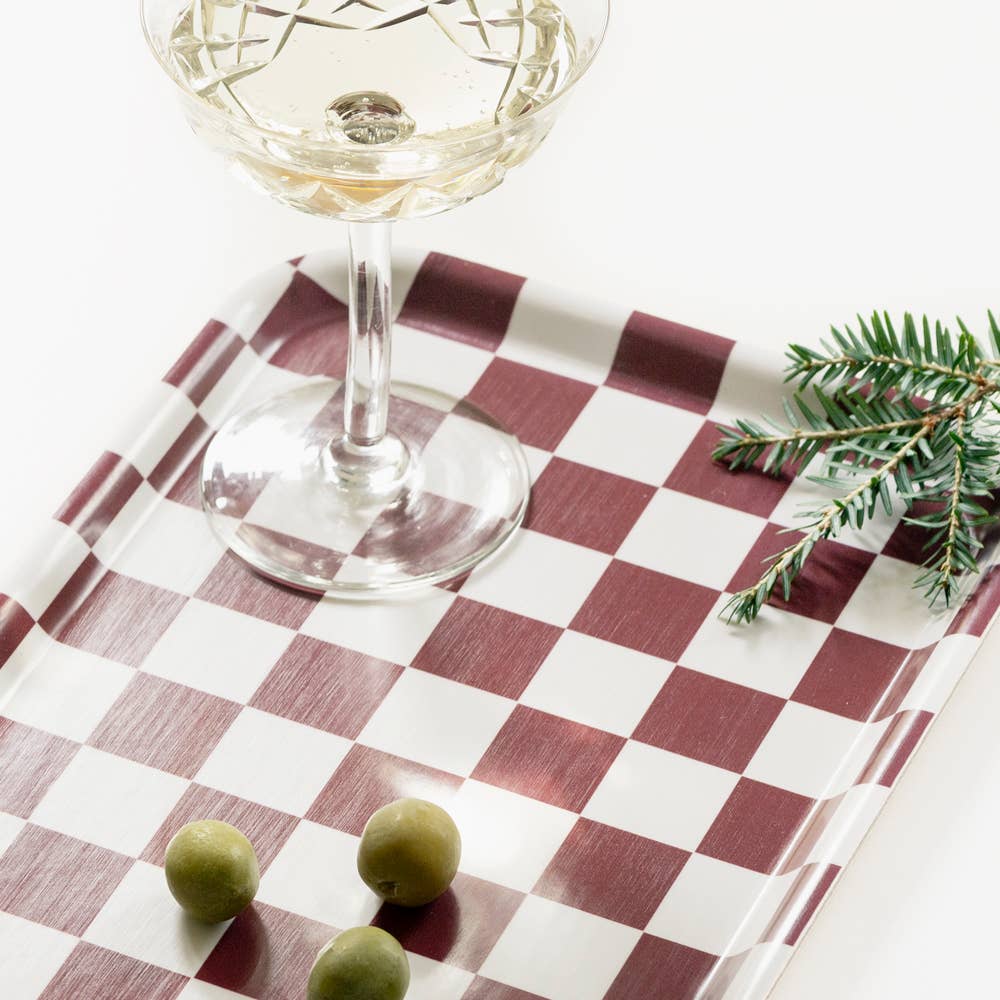 Burgundy / Cream CHECKER Serving Tray - 27x20 cm