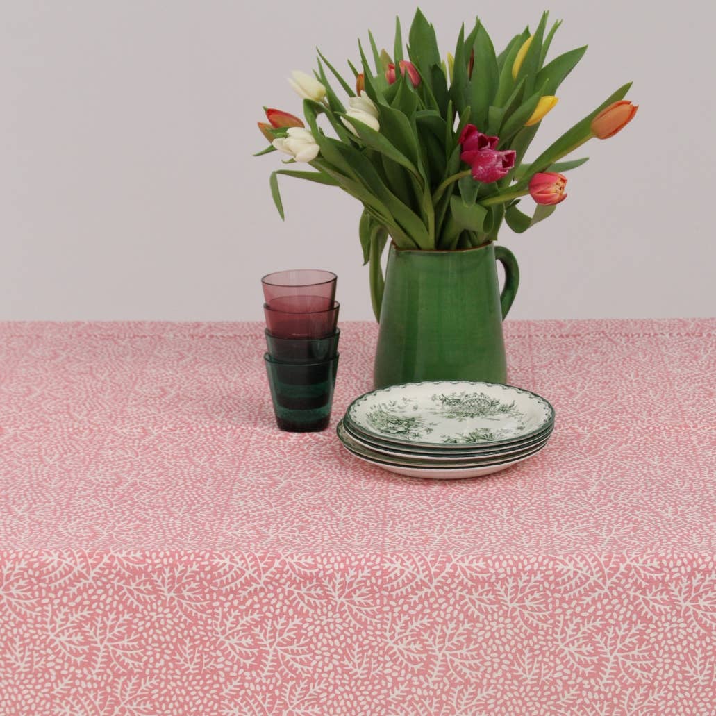 Handblockprinted ROUND tablecloth 180 cm Floral coral