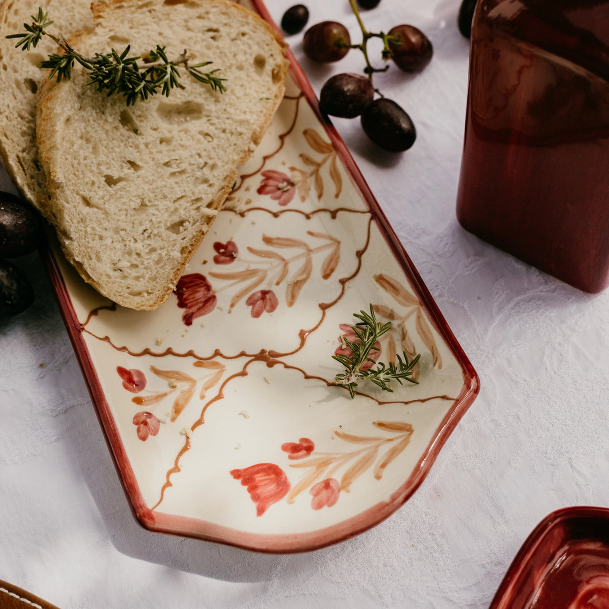 Hand-Painted Ceramic Serving Tray – Burgundy – Harvest