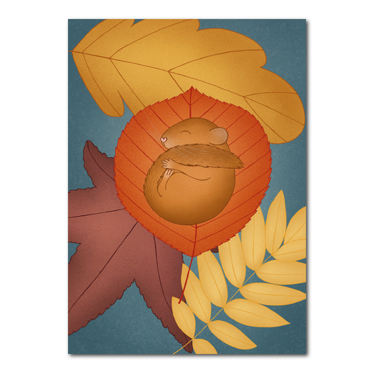 Postcard Sleeping Mouse on Autumn Leaves