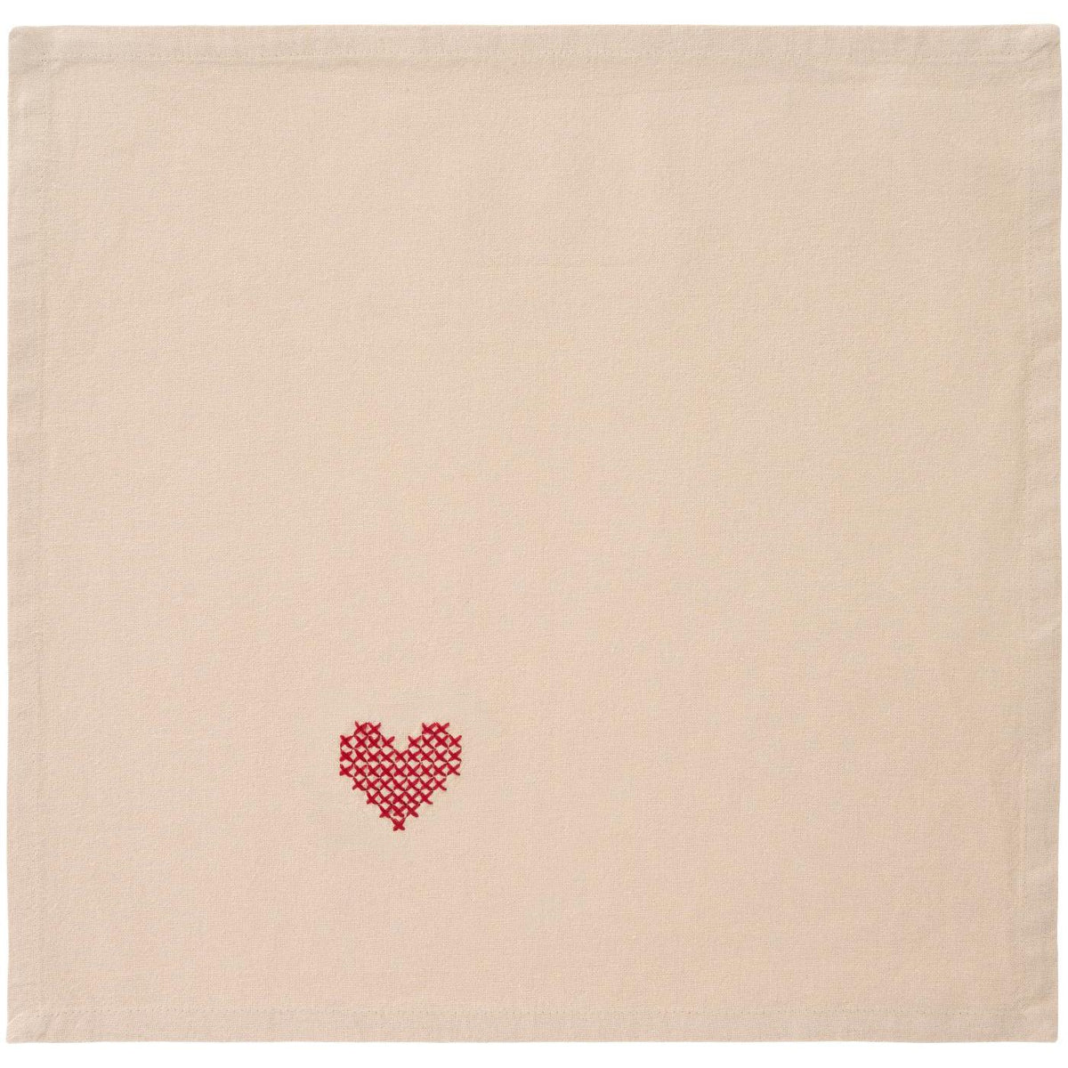 Napkin Tradition w/red heart in cross-stitching linen coloured