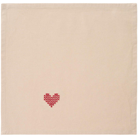 Napkin Tradition w/red heart in cross-stitching linen coloured