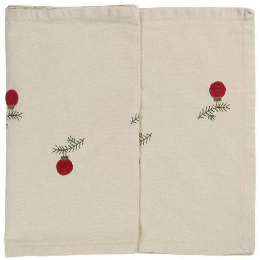 Table runner Tradition w/Christmas ornaments on spruce twigs linen coloured