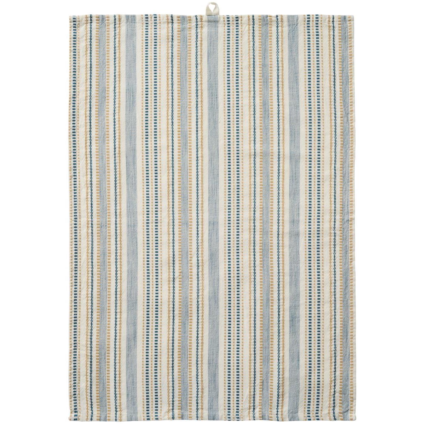 Tea towel Celine white w/blue and beige woven pattern