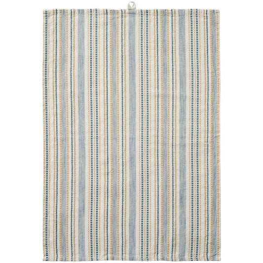 Tea towel Celine white w/blue and beige woven pattern