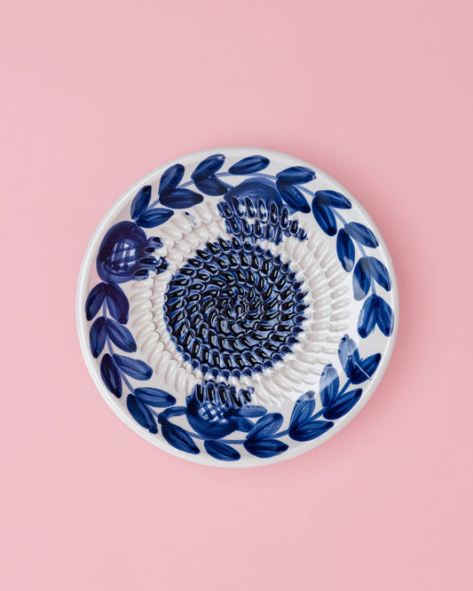 Ceramic Garlic Grater Plate - Small Blue Traditional