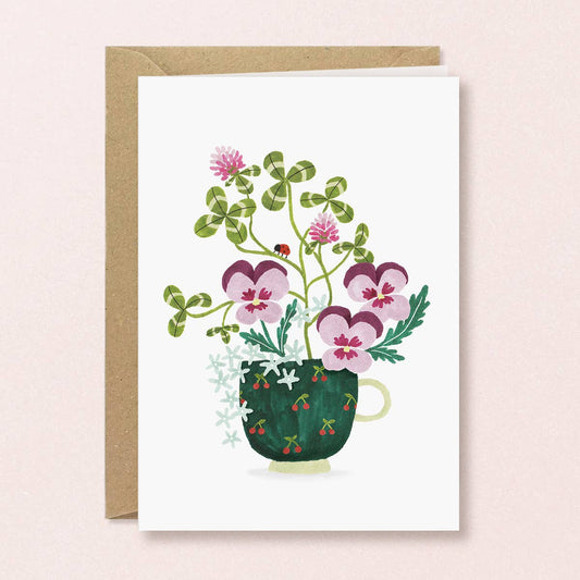 Greeting card Cup of Pansies