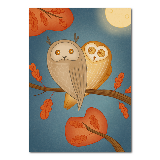Postcard Owls in Autumn Tree