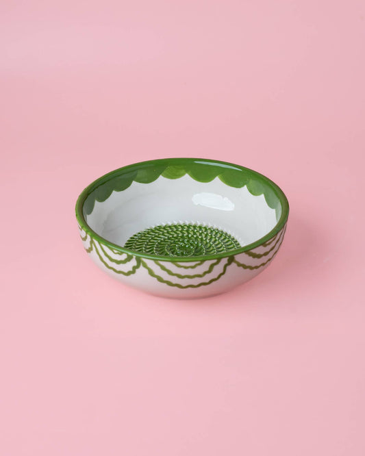 Vintage Pottery Grater Bowl – Green and White