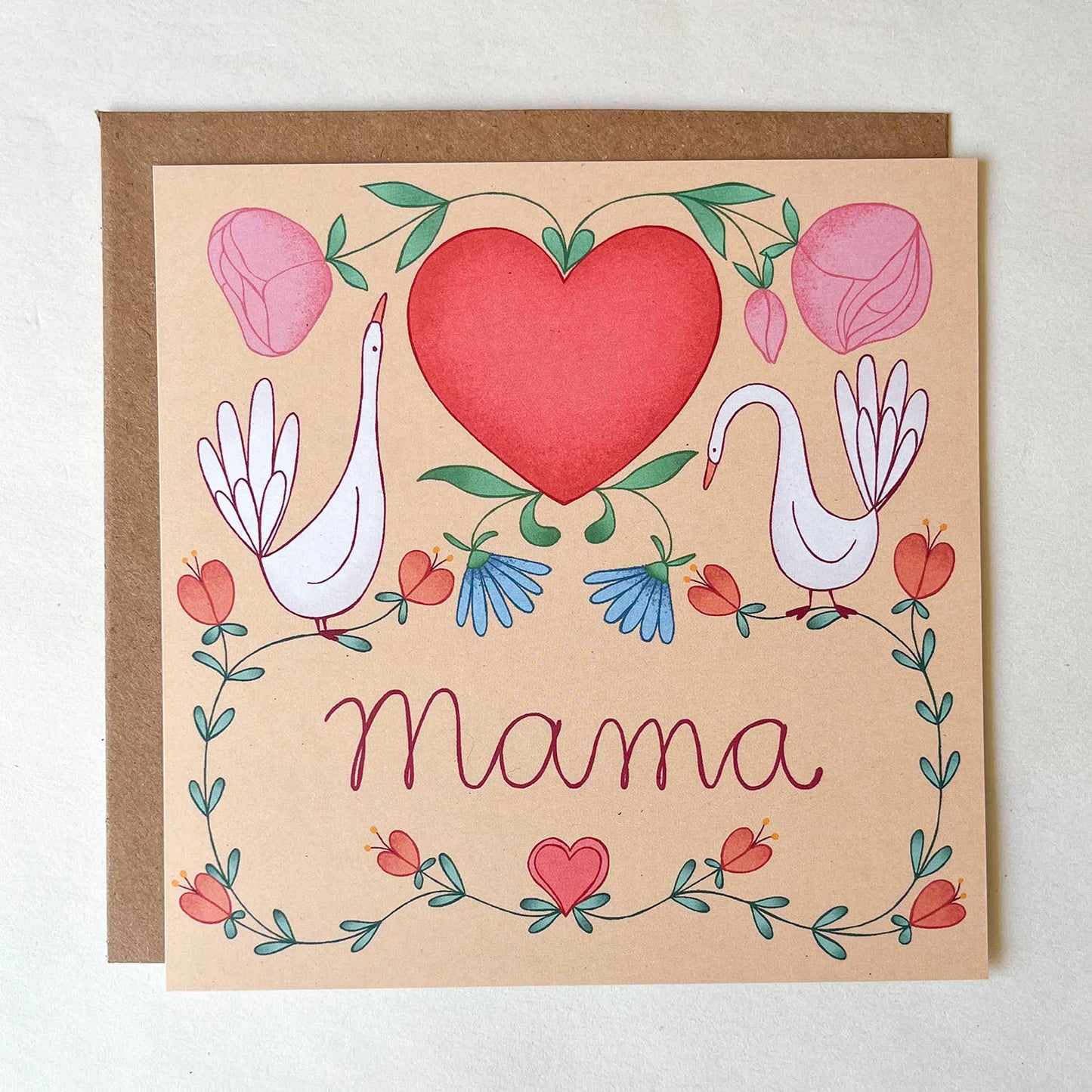 Mama card with little geese, hearts, and flowers