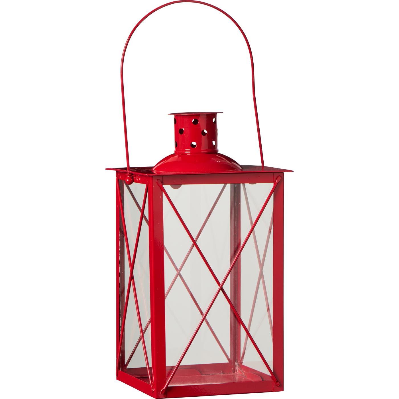 Lantern large red square w/cross over glass