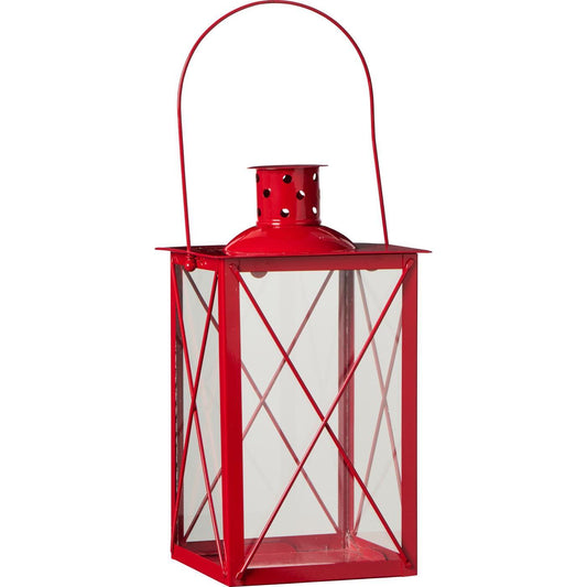Lantern large red square w/cross over glass
