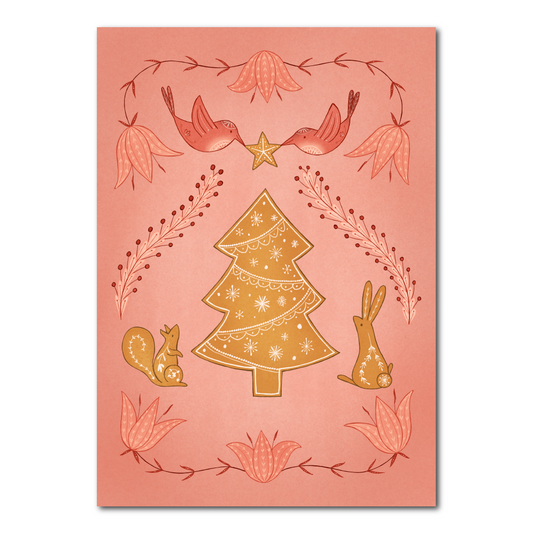 Pink Christmas card with gingerbread Christmas tree