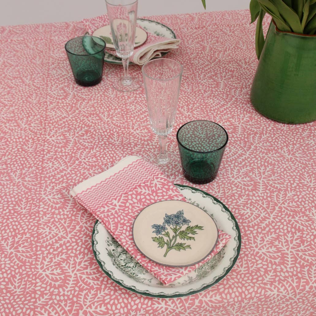Handblockprinted ROUND tablecloth 180 cm Floral coral