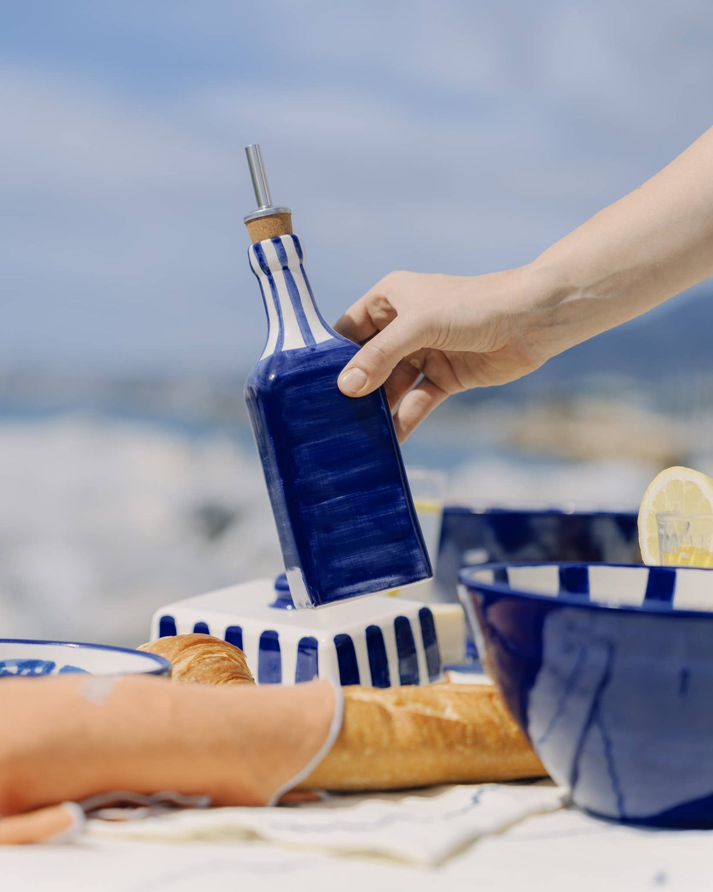 Artisanal Ceramic Oil Dispenser - Blue & White / Costa Azul