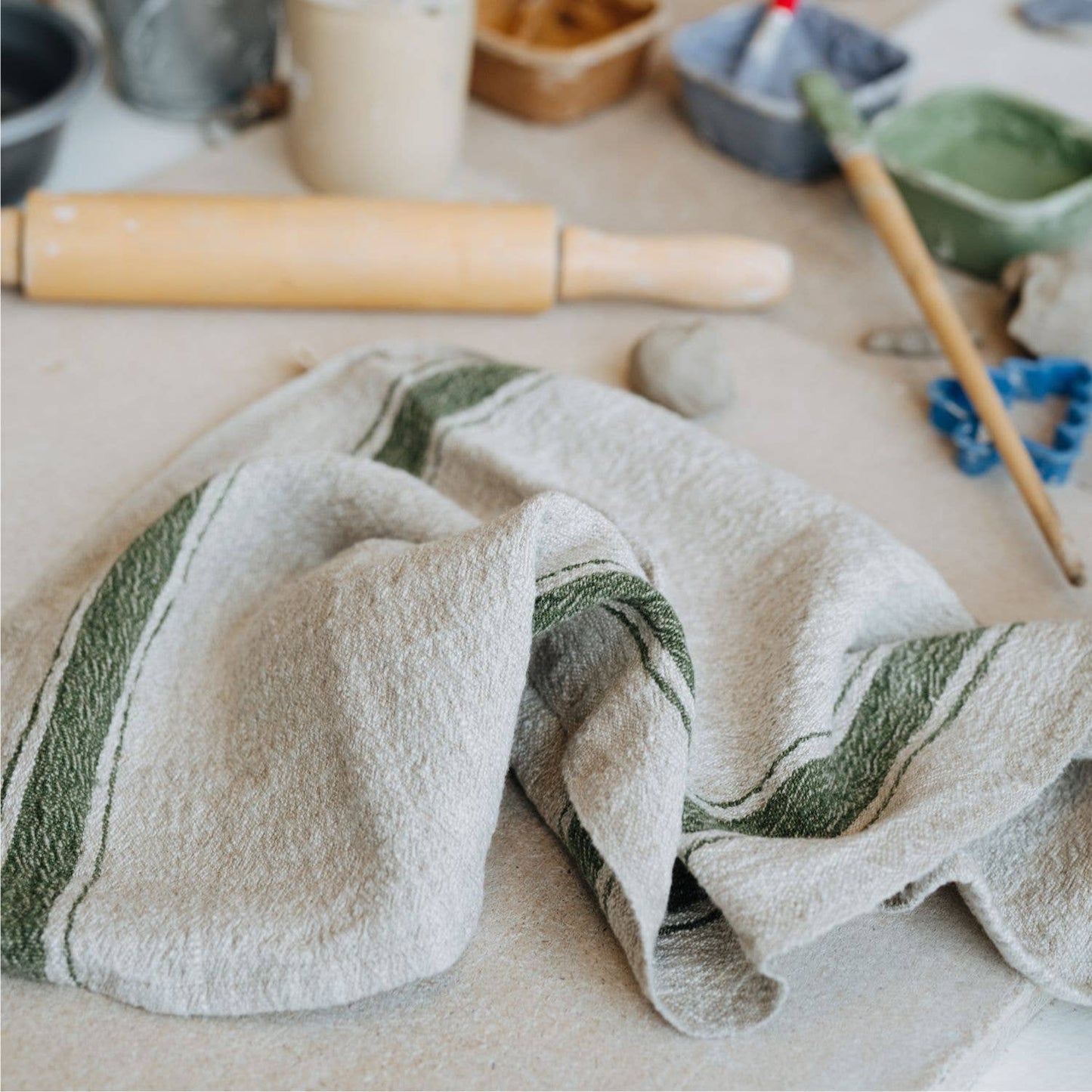 Natural Linen Theedoek Groene streep