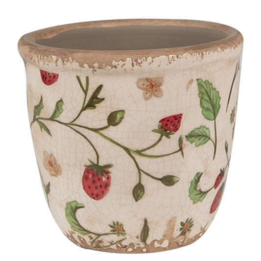 Bloempot Ø 11x10 cm Beige Rood Keramiek Aardbeien